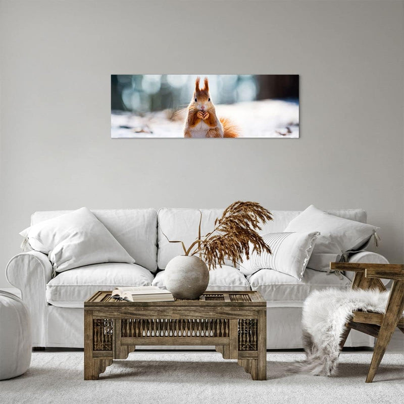 Panorama Bilder auf Leinwand Eichhörnchen Winter Schnee Essen Leinwandbild 90x30cm Wandbilder Dekora