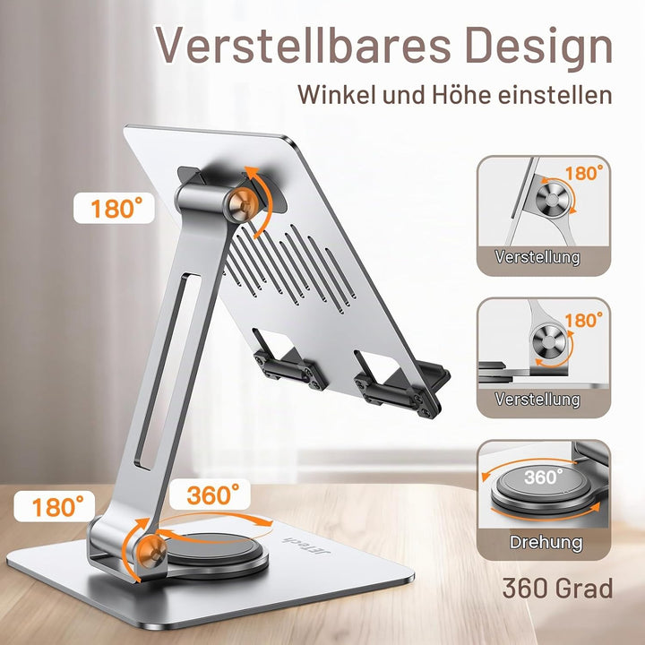 JETech Tablet Ständer, Einstellbare Drehlager Desktop Halter mit 360 Grad Drehbarem Fuss, Faltbare H