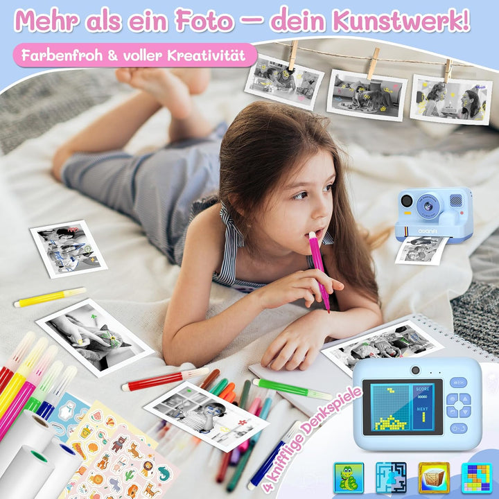 Kinderkamera Sofortbildkamera, 2,4 Zoll 1080P Sofortbildkamera Kinder mit 32GB Karte & 3 Rollen Druc