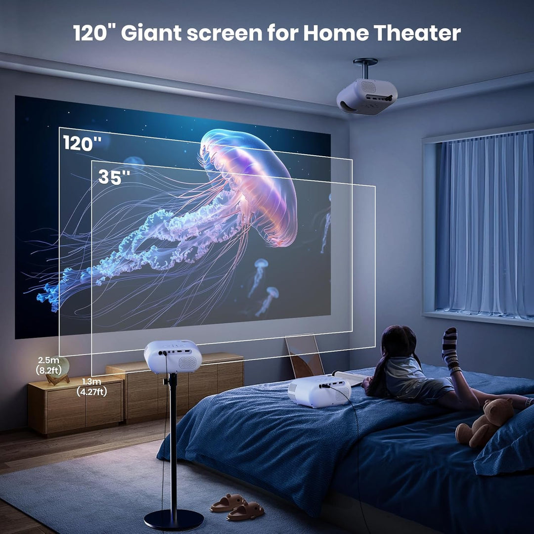 Mini Beamer mit Stativ 1080p WLAN- und Bluetooth-Unterstützung Tragbarer Beamer, Kompatibel mit Smar