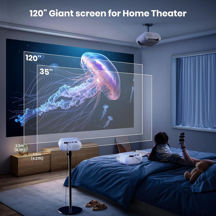 Mini Beamer mit Stativ 1080p WLAN- und Bluetooth-Unterstützung Tragbarer Beamer, Kompatibel mit Smar