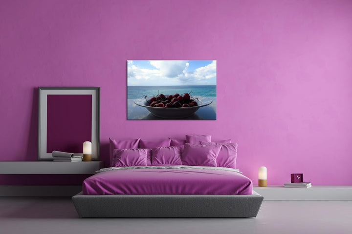 deyoli ein Teller appetitlicher Kirschen Format: 80x60 als Leinwandbild, Motiv fertig gerahmt auf Ec
