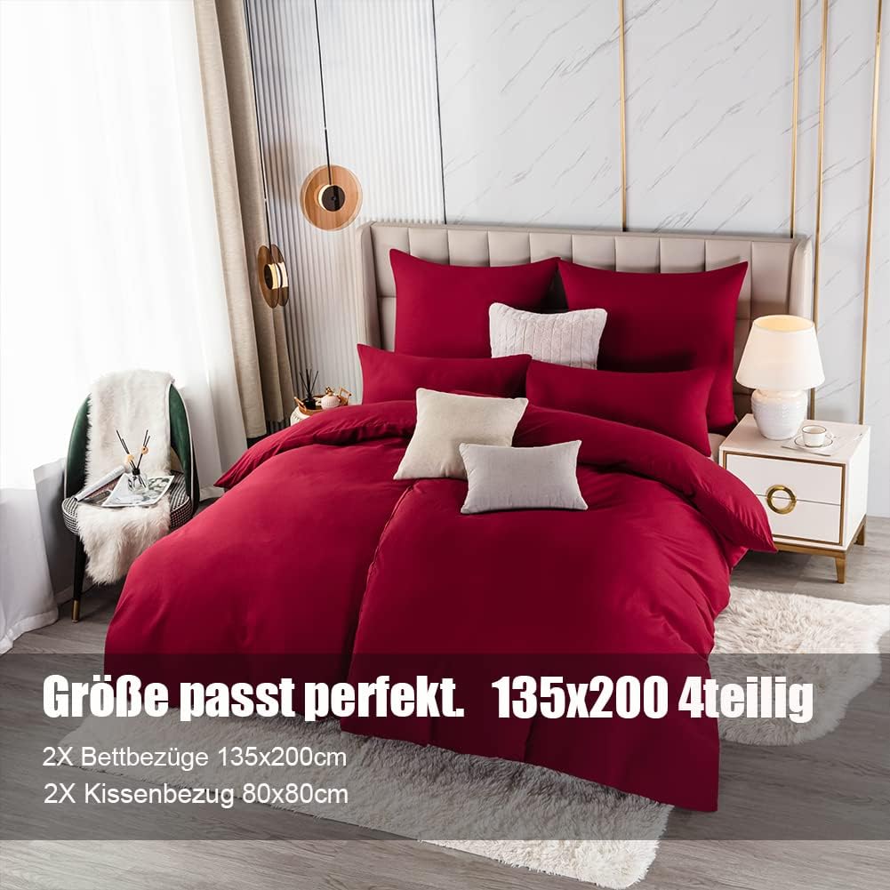 Soifox Bettwäsche 135x200 4teilig Rot - bettwäsche-Sets aus Mikrofaser bügelfrei & knitterfrei Bettb