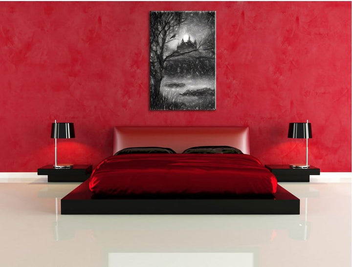 düstere Burg Kohle Effekt, Format: 100x70 auf Leinwand, XXL riesige Bilder fertig gerahmt mit Keilra