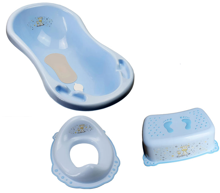 Baby Badeset Badewanne mit Abfluss Schemel Toilettentrainer blau