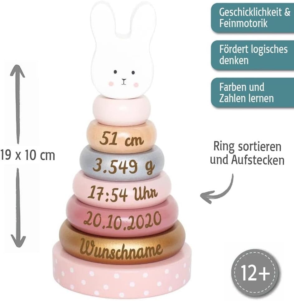 Elefantasie Stapelturm aus Holz Hase personalisierbar mit Name und Geburtsdaten Baby Geschenk mit Gr
