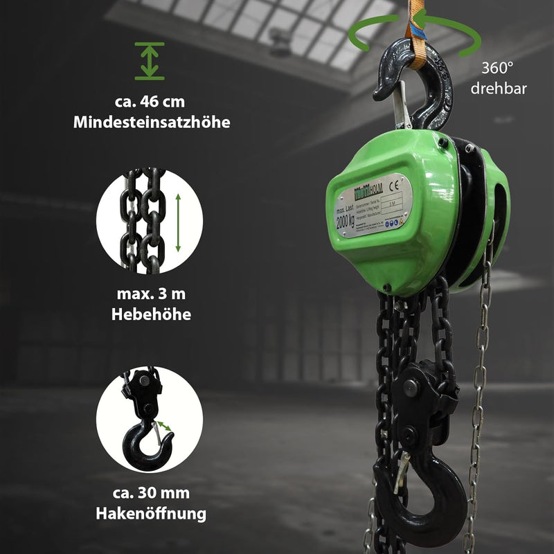 TrutzHolm® Flaschenzug Seilzug Kettenzug Hebezug Ratschenzug 2000 kg / 2 t Tragkraft - 3000 mm / 3 m