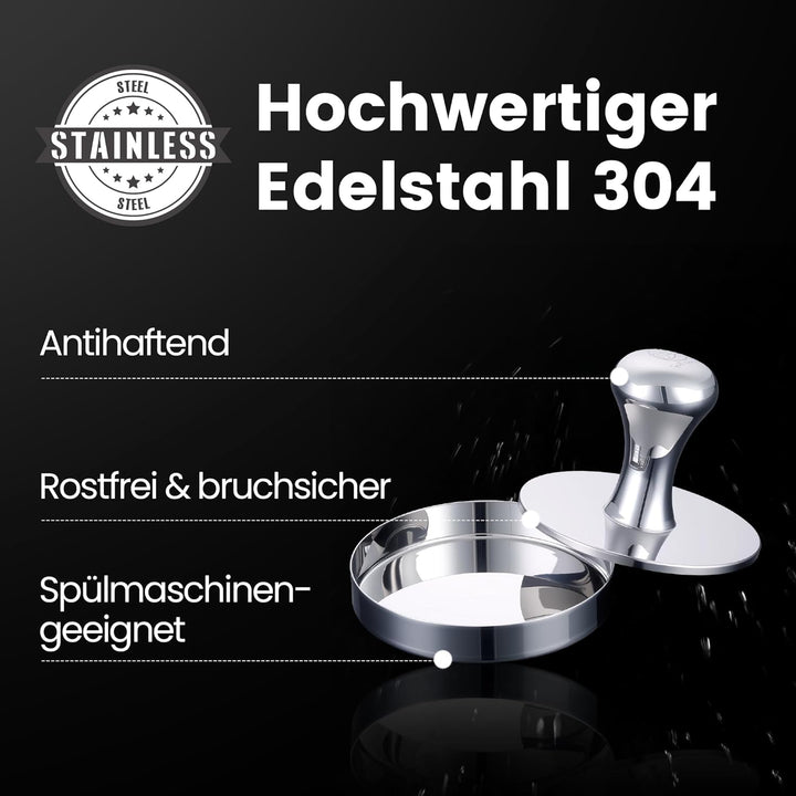 Burgerpresse aus Edelstahl 2-in-1 | Burger Patty Presse & Hamburgerpresse | inkl. Antihaft-Trennpapi