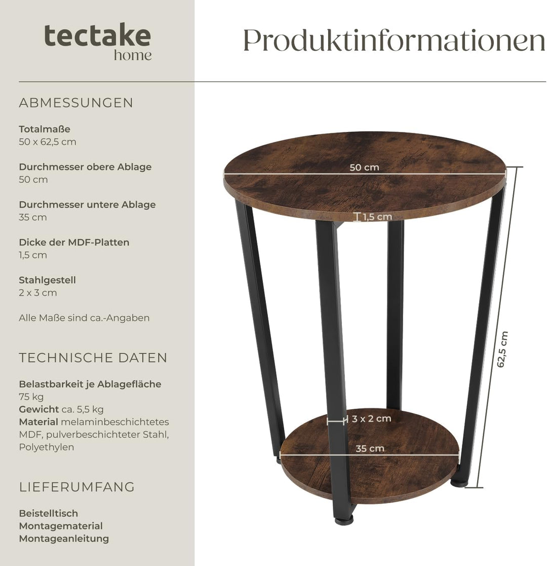 tectake® Möbel, Beistelltisch rund, runder Tisch Holz, Couchtisch rund, Möbel mit 2 Ablagen, Nachtti