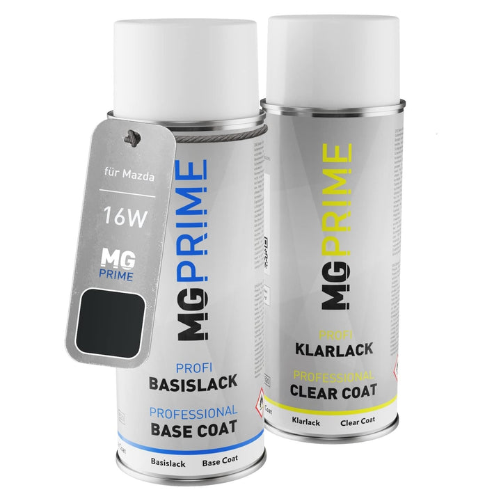 MG PRIME Autolack Sprühdosen Set für Mazda 16W Black Mica/Granitschwarz Mica Basislack Klarlack Spra
