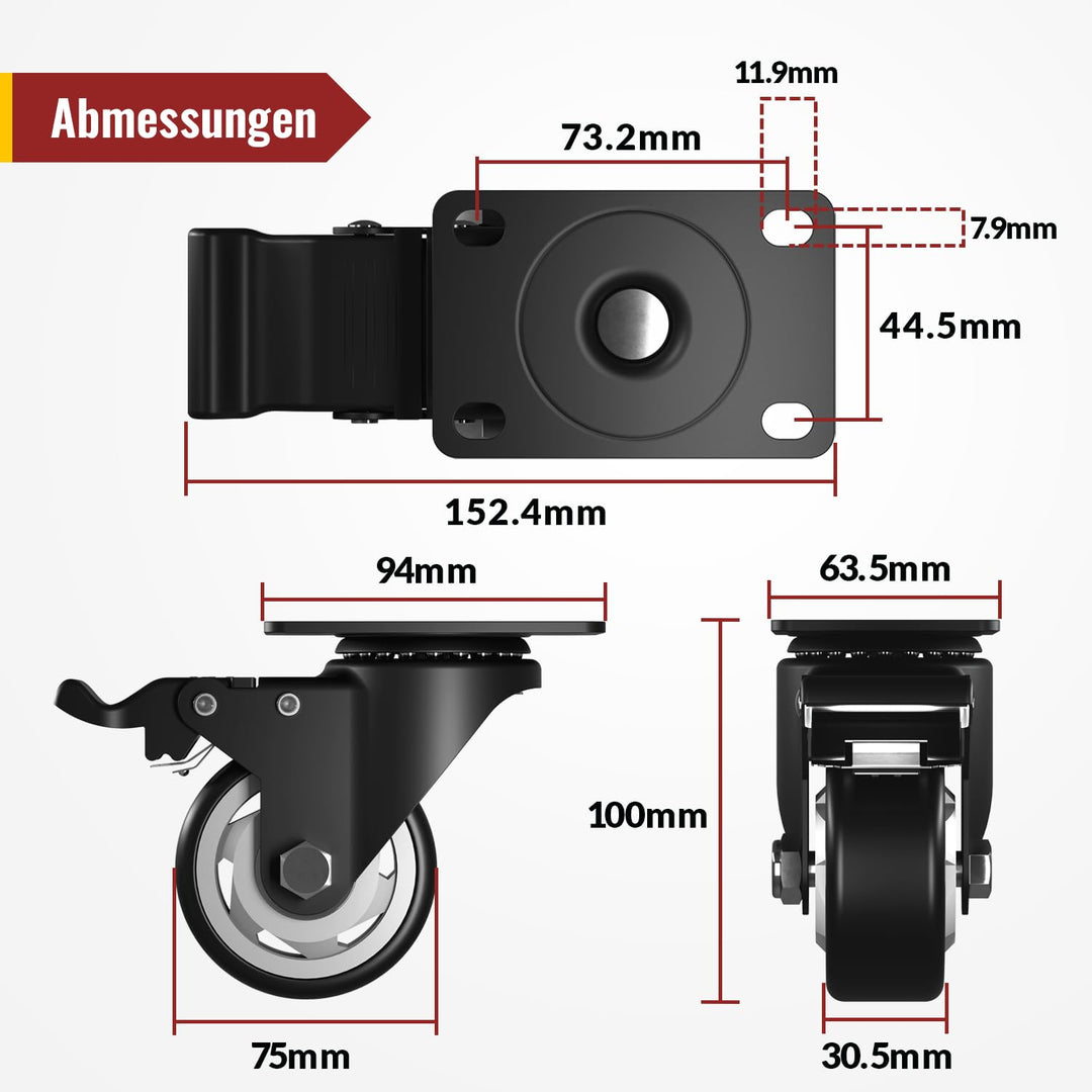 75mm Lenkrollen mit Sicherheitsbremse 4er Set Schwerlastrollen (2 mit Bremsen und 2 ohne) Möbelrolle