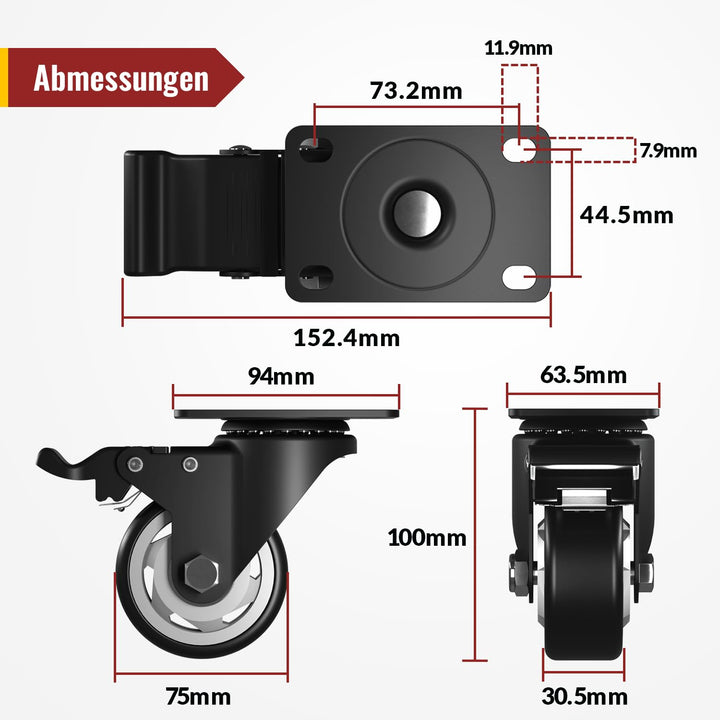 75mm Lenkrollen mit Sicherheitsbremse 4er Set Schwerlastrollen (2 mit Bremsen und 2 ohne) Möbelrolle
