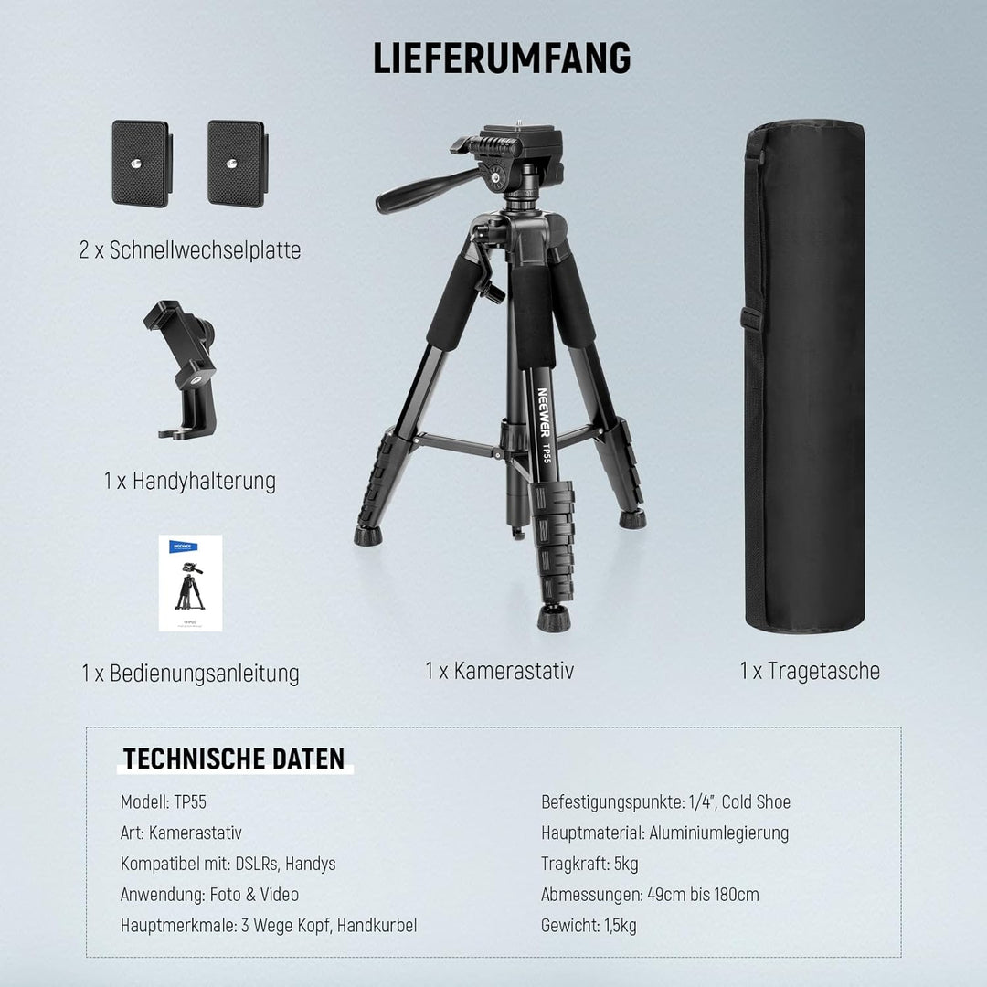 NEEWER Basics Kamera Stativ, 71'' Tripod mit Handyhalterung, kompatibel mit iPhone für Videoaufnahme