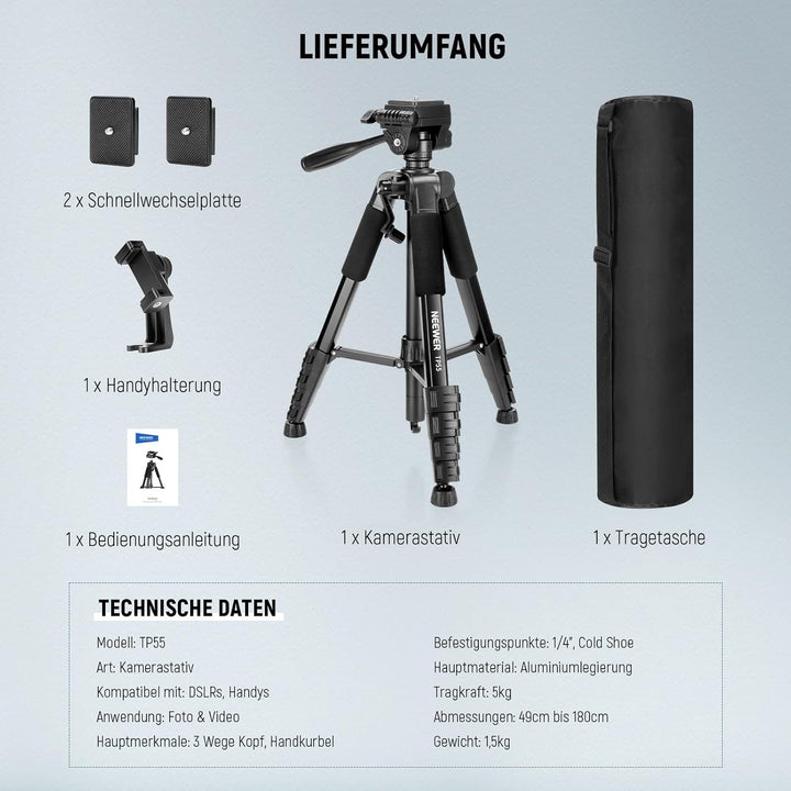 NEEWER Basics Kamera Stativ, 71'' Tripod mit Handyhalterung, kompatibel mit iPhone für Videoaufnahme