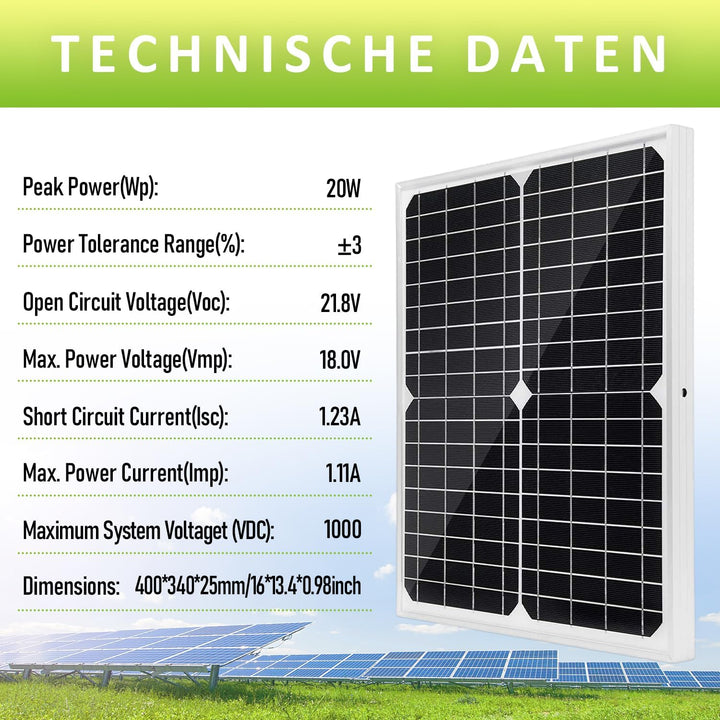 Topsolar 20W 12V Mono Solarpanel‑Set mit Laderegler für Batterie‑Aufladung, 20W