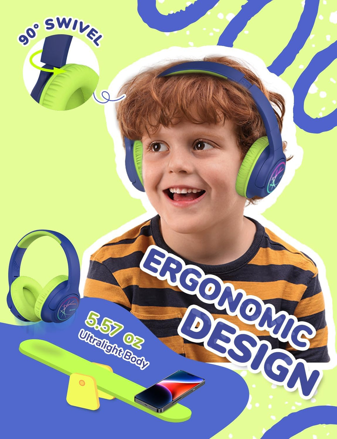 iClever Bluetooth kopfhörer Kinder mit LED-Leuchten, 74/85dBA Lautstärkebegrenzung, 43 Stunden Spiel