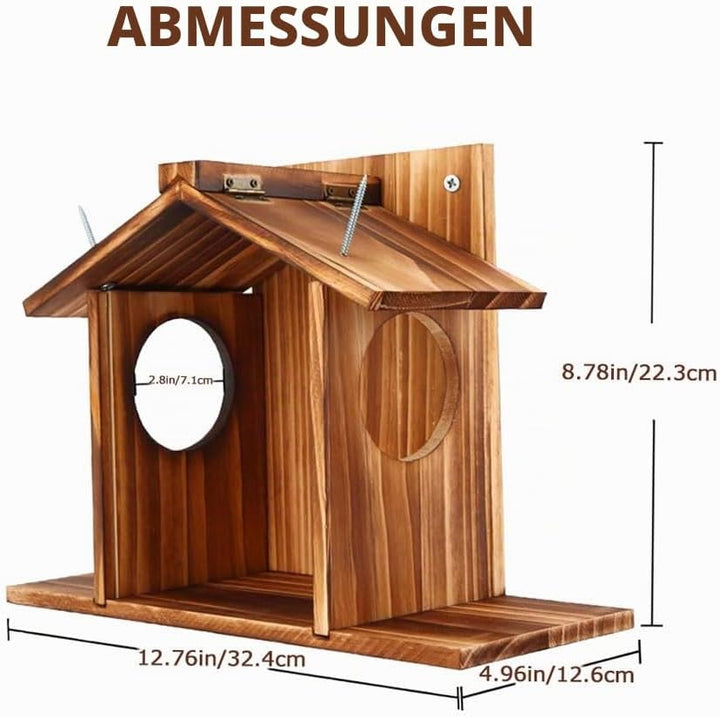 Eichhörnchen Futterhaus mit Sichtfenster &amp; Klappdach - Wetterfeste Futterstation für Nüsse, Mais und