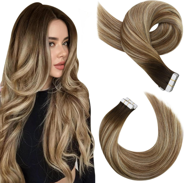 Moresoo Tape in Extensions Echthaar Blonde Haarextension Echthaar Tape Dunkelbraun bis Hellbraun mit