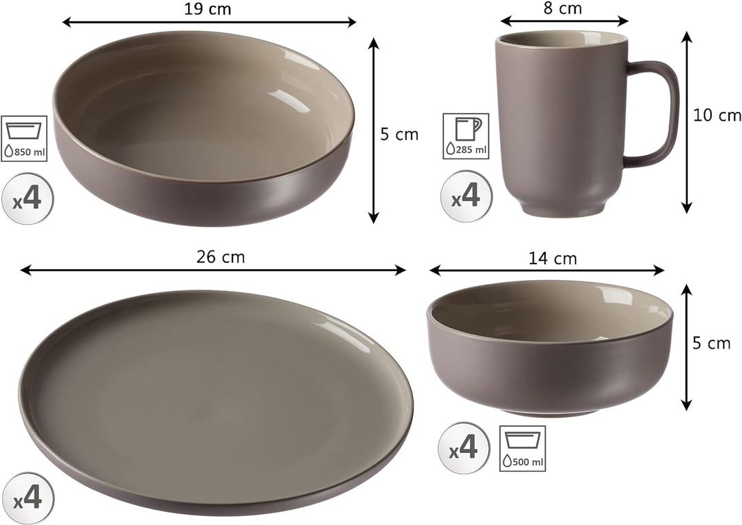 Ritzenhoff & Breker Kombiservice Jasper, 16-teilig, Taupe, Steinzeug, Teller Schalen und Becher für