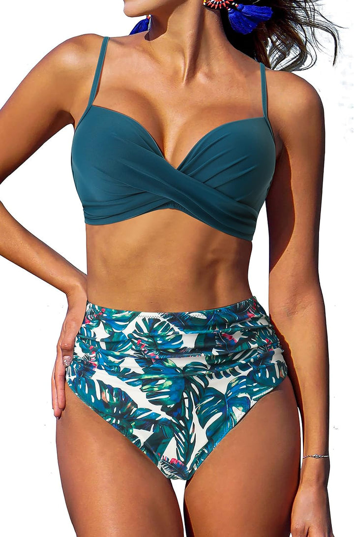 RXRXCOCO Damen Wickel Push Up Bikini Oberteil Bauchweg High Waist Bikini Set Bademode M Blau Geblümt