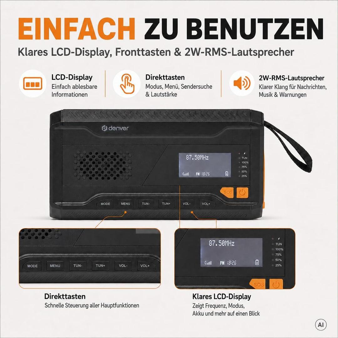Denver DAB+/FM Solar Crank Radio mit Akku SCD-2033