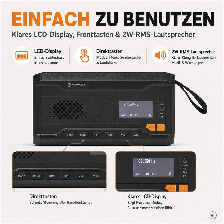 Denver DAB+/FM Solar Crank Radio mit Akku SCD-2033