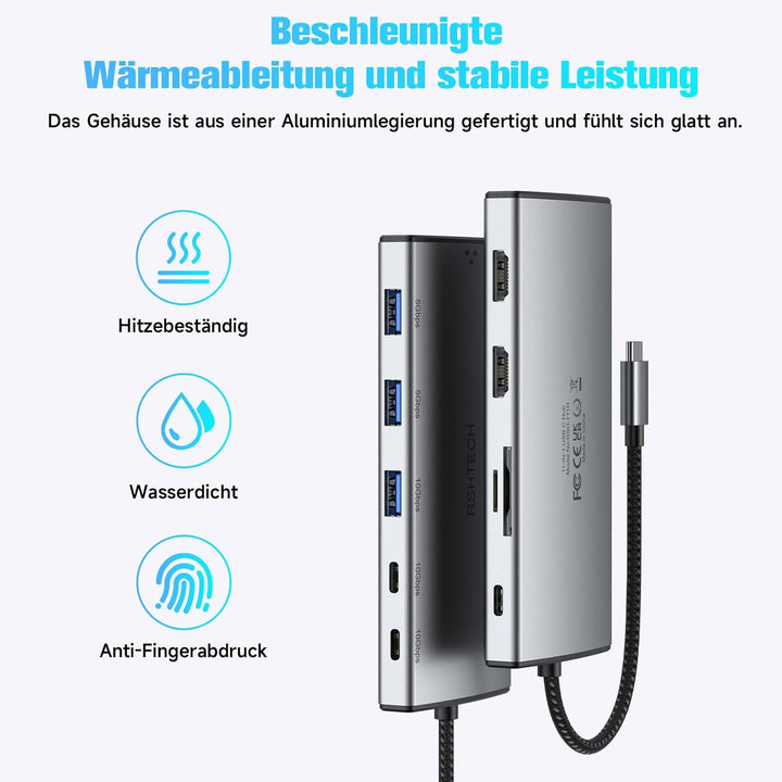 RSHTECH 11 in 1 MacBook Laptop Dockingstation mit 2 HDMI (8K und 4K), USB 3.2 und 3.0, 100W PD, SD/T