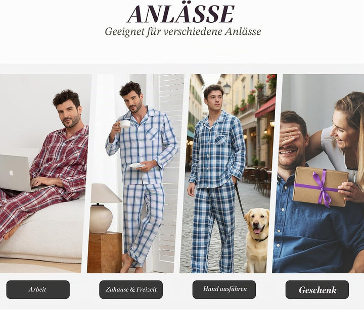 Vulcanodon Pyjama Herren 100% Baumwolle Schlafanzug lang Set kariert mit Knopfleiste weiche Nachtwäs