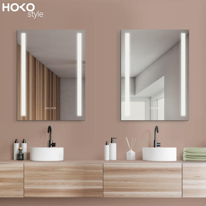 HOKO® Badezimmerspiegel, LED, 60 x 80 cm, mit Digitaluhr, Anti-Beschlagschutz, kaltes weisses Licht,