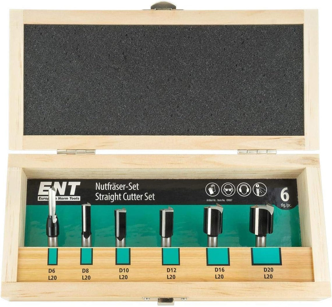 ENT 09007 6-tlg. Nutfräser Set - Hartmetall Grundschneide zum Einbohren Z2+1 - Ø 6-8-10-12-16-20 - S