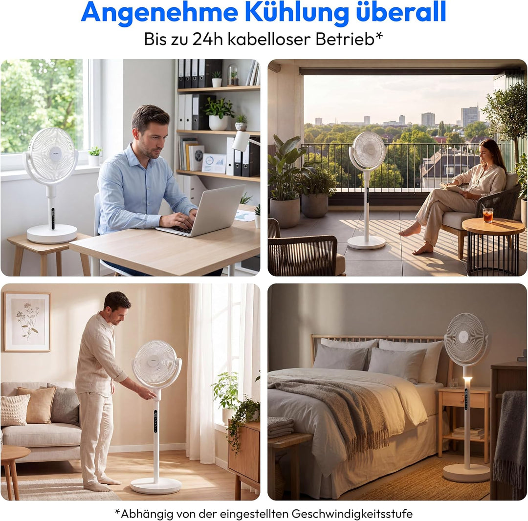 MEDION Akku - Standventilator mit Fernbedienung, 10 Geschwindigkeitsstufen, 24 Watt Leistung, 350° h