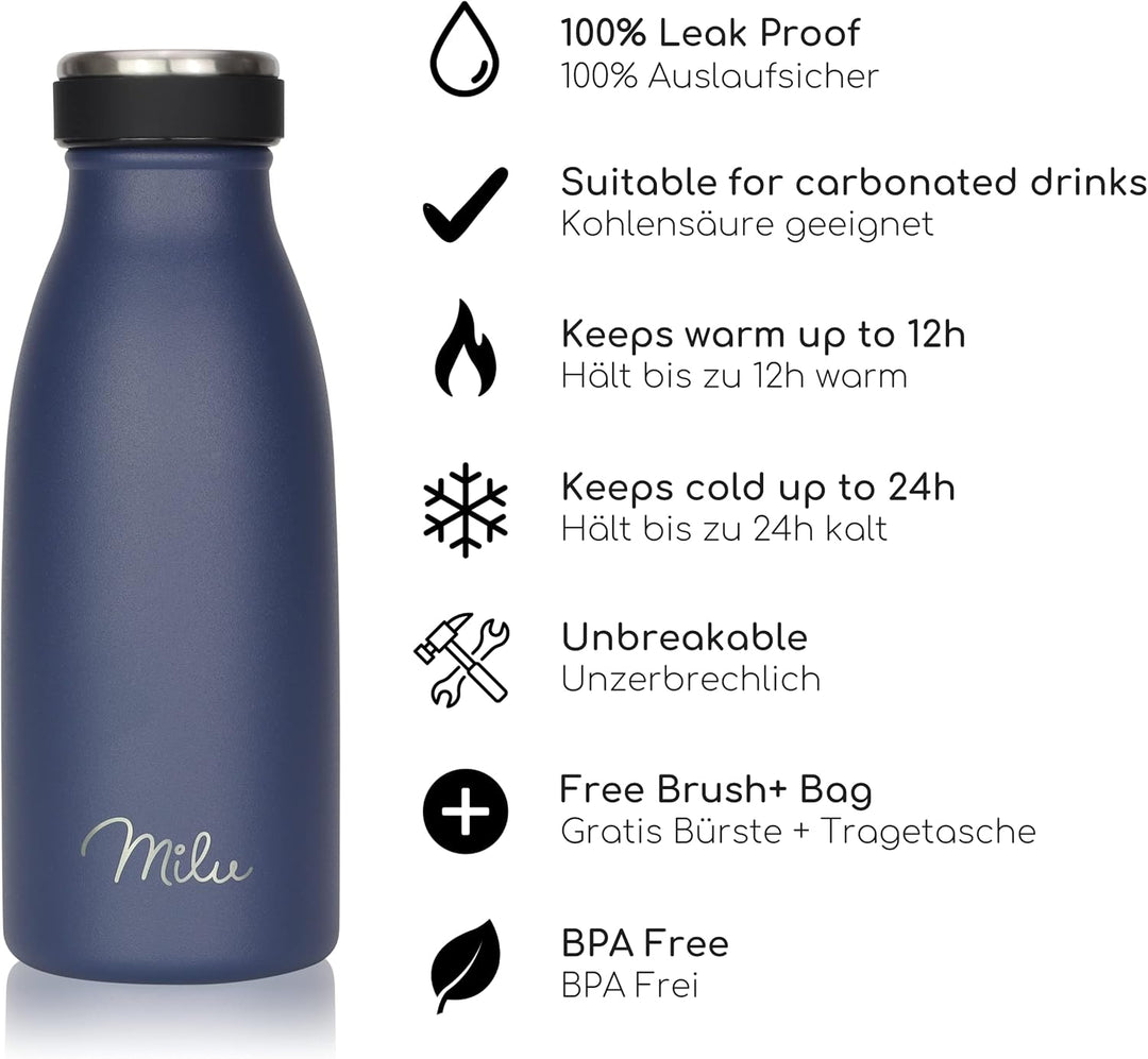 Milu Edelstahl Trinkflasche 350ml, 500ml, 750ml, 1L, 1,5L – Thermosflasche für Kinder Erwachsene aus