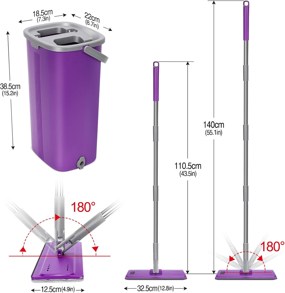 MASTERTOP Wischmopp Set mit Eimer, Bodenwischer Set mit 5 Mikrofaser Pads und Edelstahl Griff, Flach