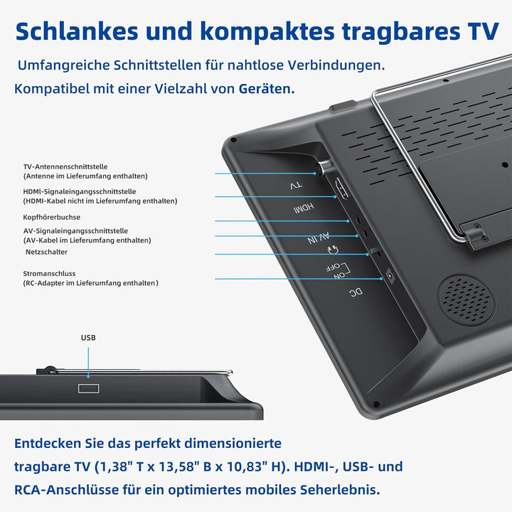 DESOBRY Tragbarer 14.3-Zoll-Fernseher mit Antenne, Kleiner tragbarer Fernseher mit DVB-T2 Tuner, Min
