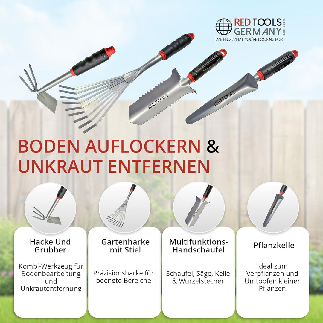 Red Tools Profi Garten -Set 4 TLG. - Multifunktions- Gartenschaufel mit Wurzelsäge, Kombihacke, Pfla