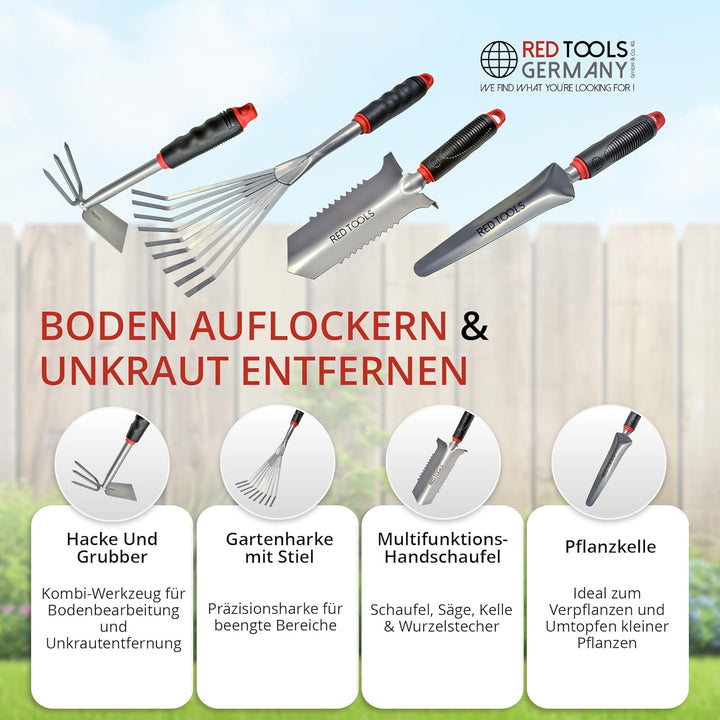 Red Tools Profi Garten -Set 4 TLG. - Multifunktions- Gartenschaufel mit Wurzelsäge, Kombihacke, Pfla