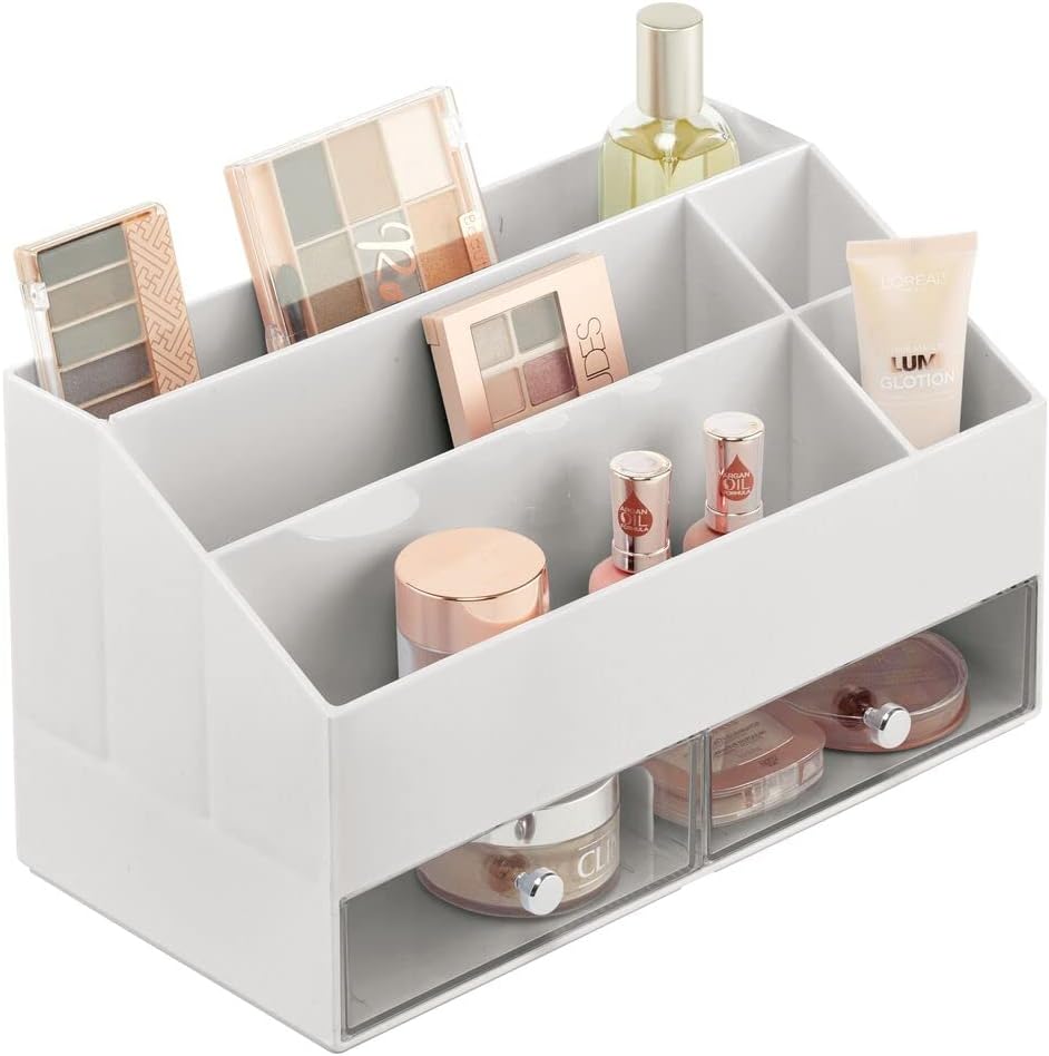 mDesign Kosmetik Organizer – Aufbewahrungsbox mit 5 Fächern und 2 Schubladen für Make-up, Nagellack