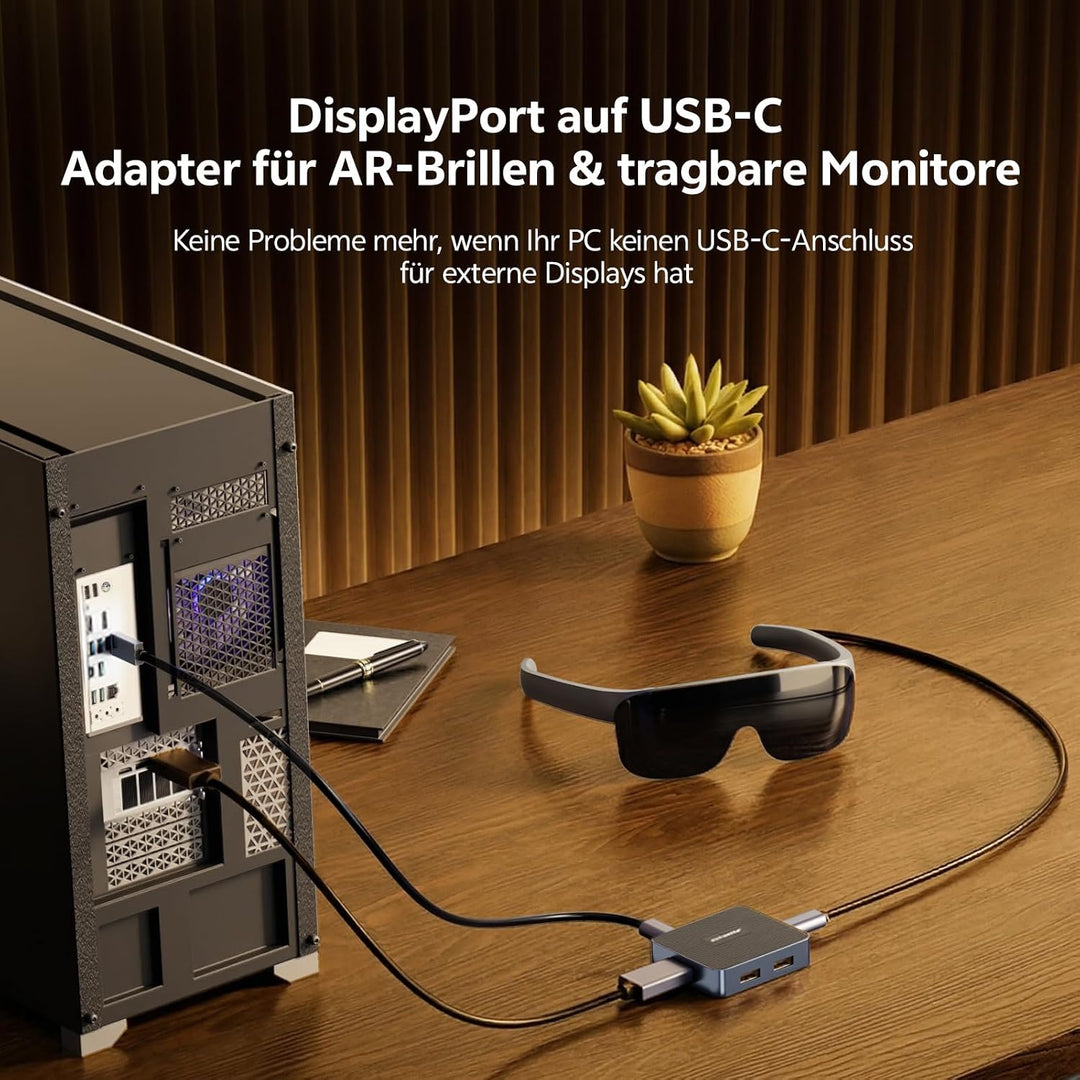 DisplayPort 1.4 auf USB-C Adapter, 4K@120Hz 2K@240Hz HDR 10-Bit, Unidirektional Konverter mit 3-Port