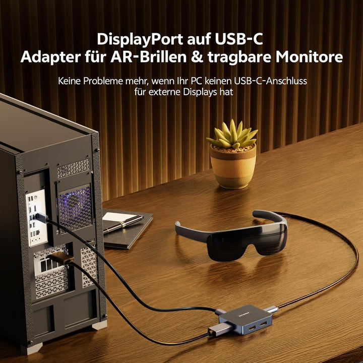 DisplayPort 1.4 auf USB-C Adapter, 4K@120Hz 2K@240Hz HDR 10-Bit, Unidirektional Konverter mit 3-Port