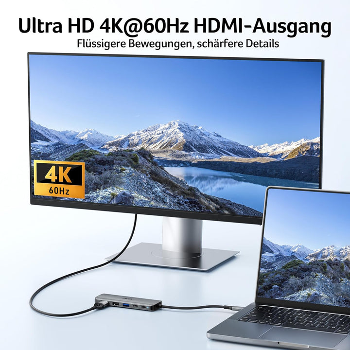 acer USB C Hub 5-in-1, 4K@60Hz USB C auf HDMI Adapter, USB-A+USB-C 5 Gbps Datenport, PD 100W, Multip
