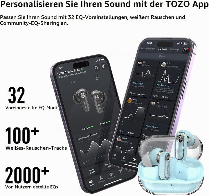 TOZO Crystal Pods Kabellose Bluetooth 5.4 In-Ear Kopfhörer, Hybrid Active Noise Cancelling, Dual-Mik