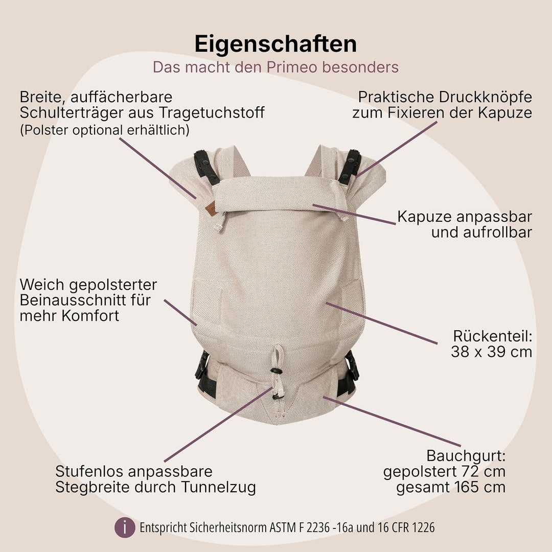 Hoppediz Primeo Babytrage für Neugeborene – Ergonomische Babytrage aus 100% kbA Baumwolle – Bauchtra