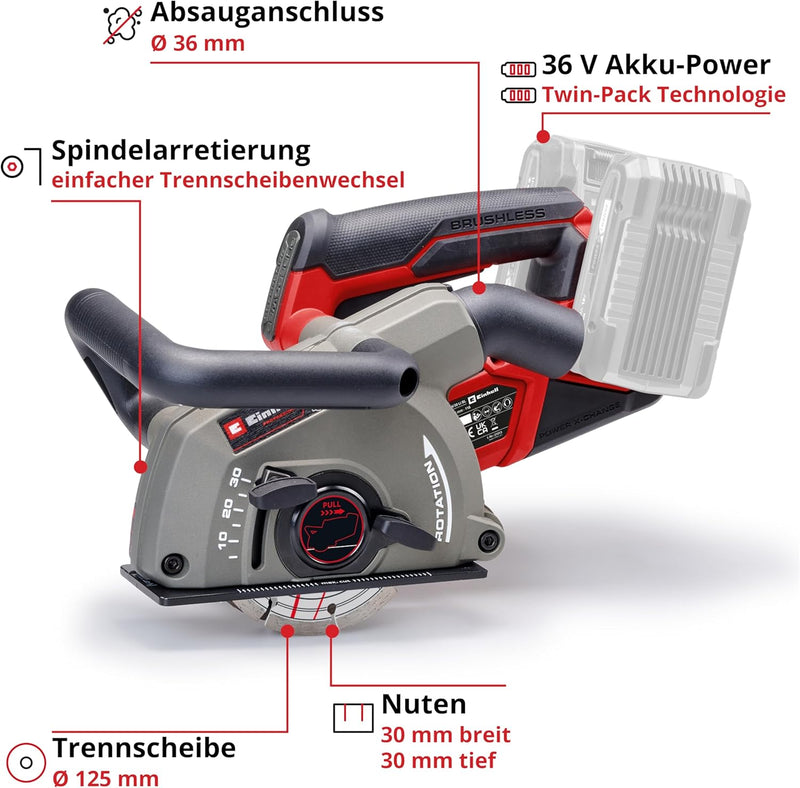 Einhell Professional Akku-Mauernutfräse TP-MA 36/30 Li BL - Solo Power X-Change (36 V, Schnittbreite