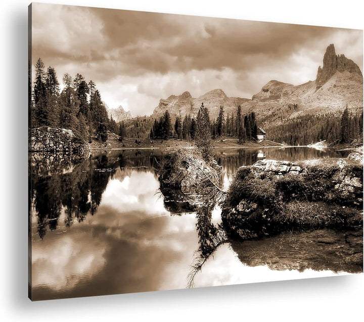 beginnender Winter in den Dolomiten Effekt: Sepia, Format: 80x60 als Leinwandbild, Motiv fertig gera