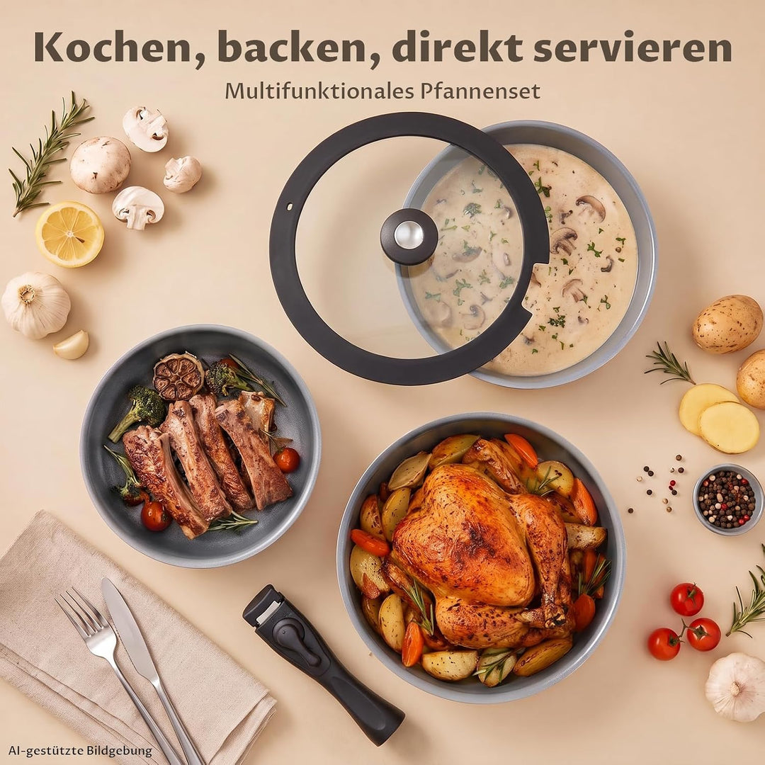 BEZIA Induktions Töpfe Set 17-Tlg, Keramik Pfannenset mit abnehmbarer Griff, Camping Kochtopf Set fü