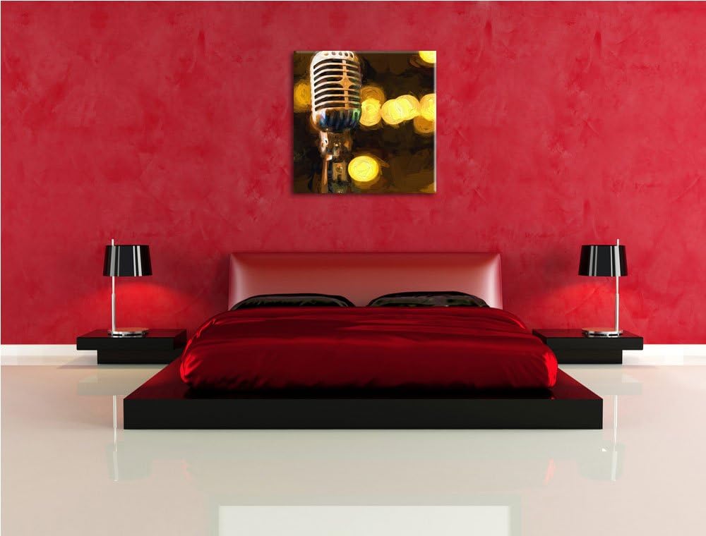 Pixxprint Mikrofon Rockabilly Retro Leinwandbild Kunstdruck Keilrahmen Motive Poster, Format: 70x70