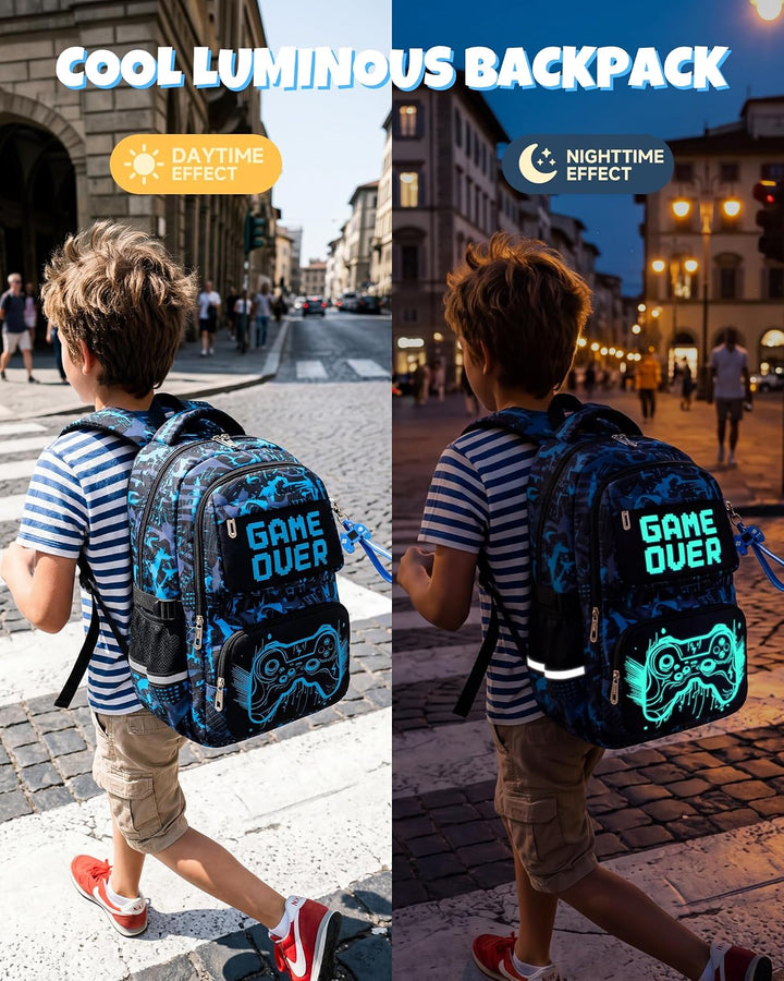 Amythe Schulrucksack mit Rollen für Jungen, Grosser Leuchtstoff Trolley-Rucksack mit 6 Räder, Wasser