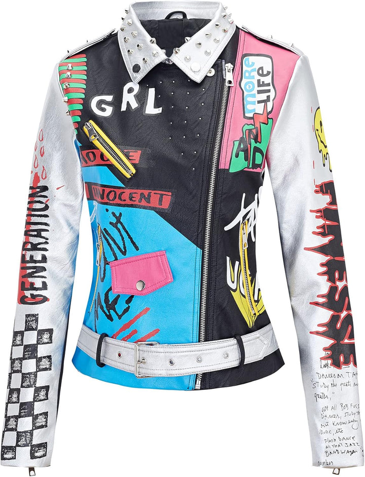 Giolshon Damen Kunstleder Jacke Nieten Floral Moto Biker Kurzer Revers Mantel XXL Silber schwarz, XX