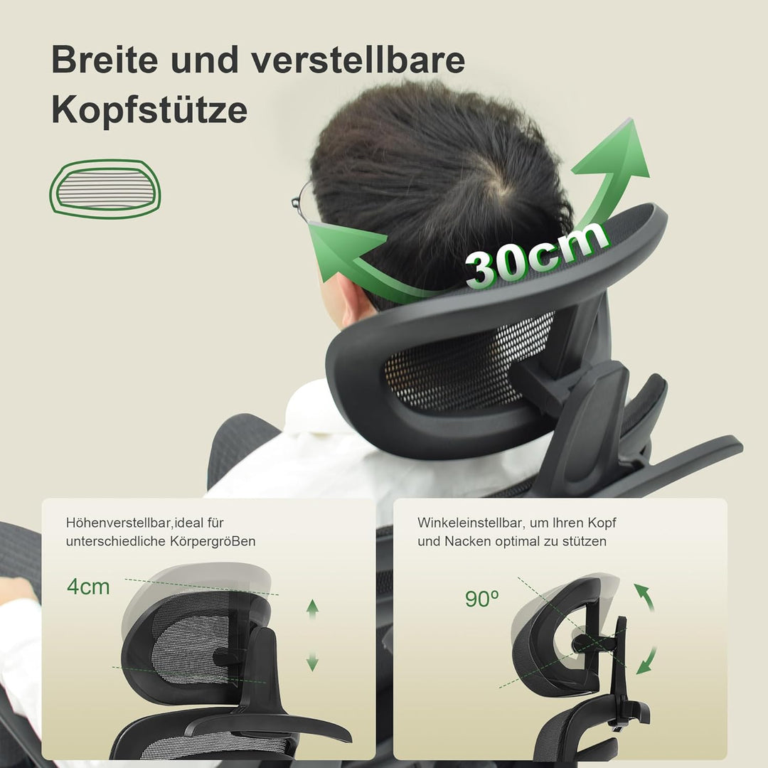 CALIYO Icon-H Bürostuhl Ergonomisch, Schreibtischstuhl mit Verstellbarer Kopfstütze, Armlehnen, Lend