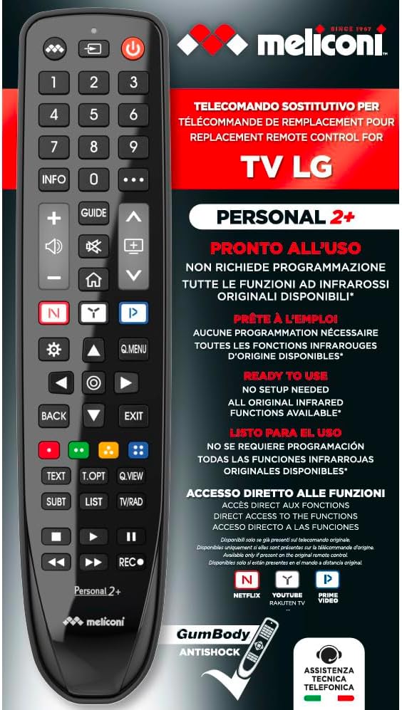 Meliconi Gumbody Personal 2+ Fernbedienung für LG TV, ersetzt die Originalfernbedienung, sofort eins